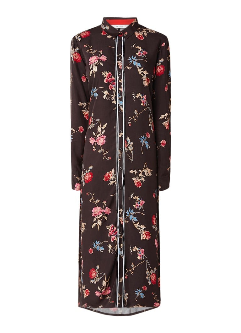 Gestuz Moxie maxi blousejurk met bloemdessin en strikceintuur donkerbruin