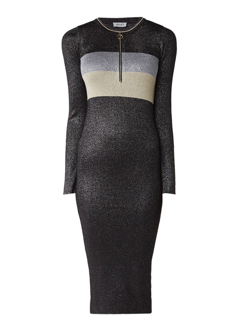 Liu Jo Fijngebreide maxi-jurk met halve rits en lurex zwart