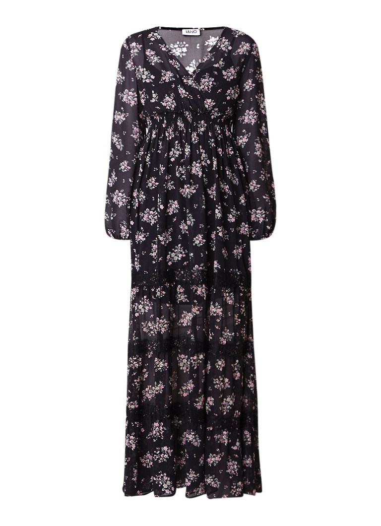 Liu Jo Maxi-jurk met gesmockte tailleband en bloemendessin zwart