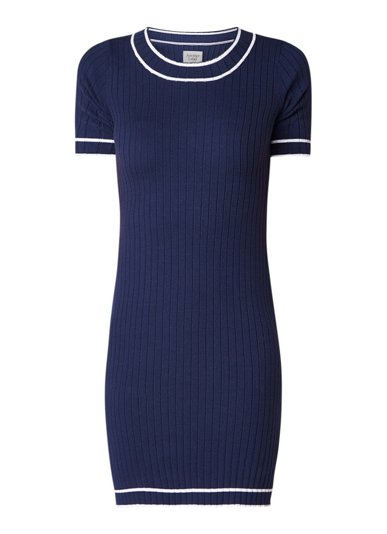 Another-Label Javelot ribgebreide jurk met getipte boorden donkerblauw