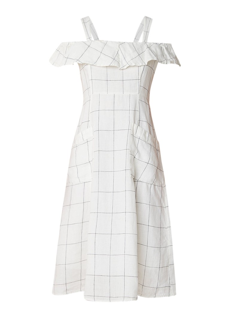 Mango Riviera midi-jurk van linnen met geruit dessin melk