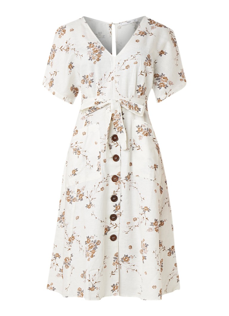 Mango Robe blousejurk met bloemendessin en strikceintuur zand