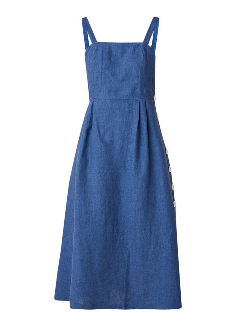Mango Emilia midi-jurk van linnen met knoopsluiting middenblauw