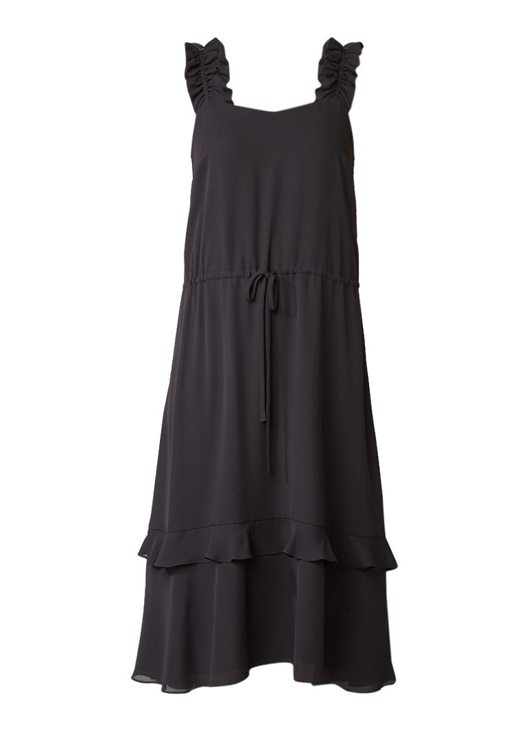 Claudie Pierlot Riviere midi-jurk met taillekoord en ruches zwart