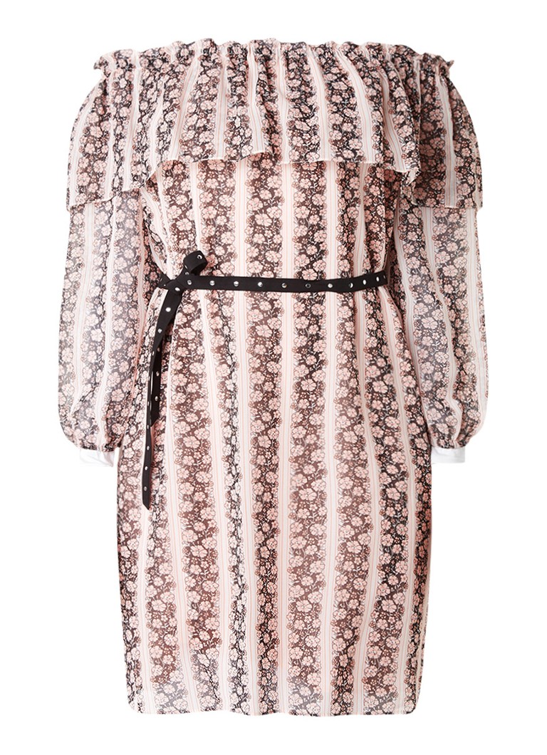 Claudie Pierlot Respect crÃªpe off shoulder jurk met gestreept bloemdessin en ceintuur oudroze