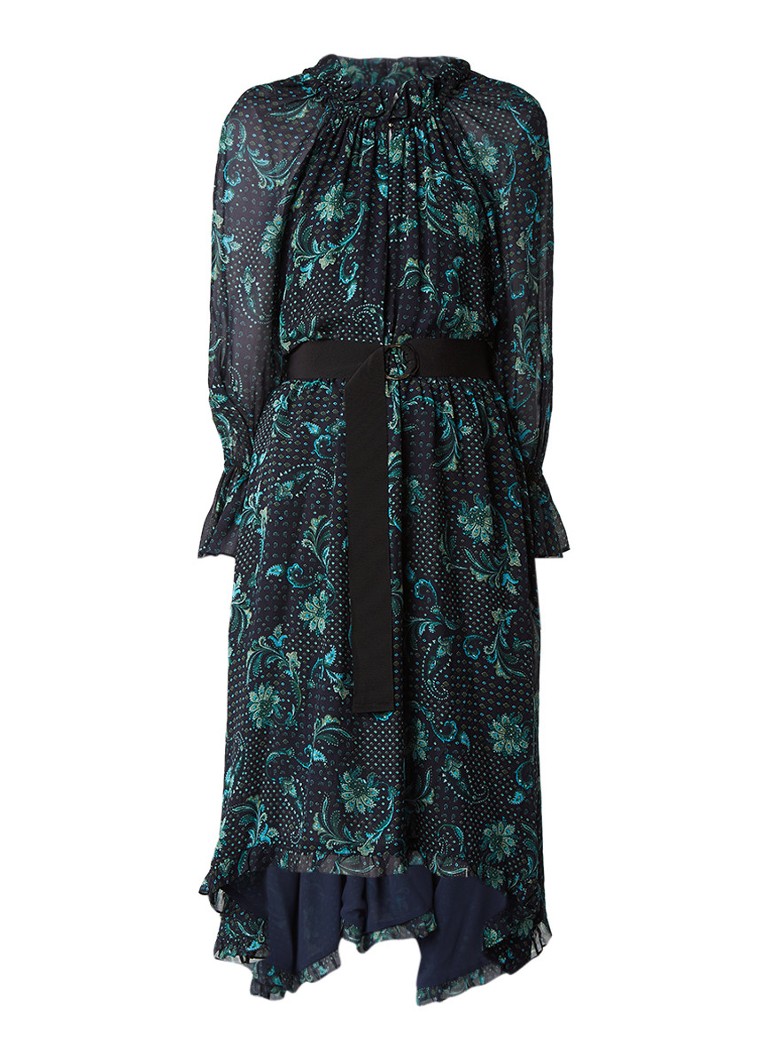 Claudie Pierlot Romiliy midi-jurk met dessin en ceintuur donkerblauw