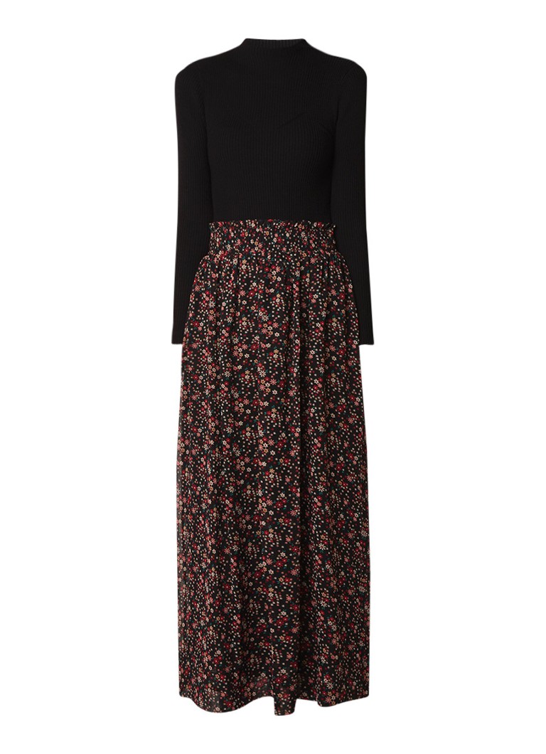 Claudie Pierlot Mariveau maxi-jurk met gebreide top en rok met bloemendessin zwart