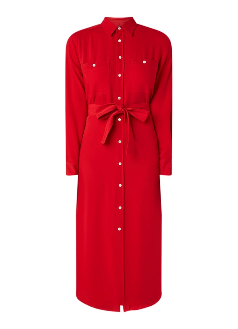 Ralph Lauren Maxi blousejurk met strikceintuur en borstzak vuurrood