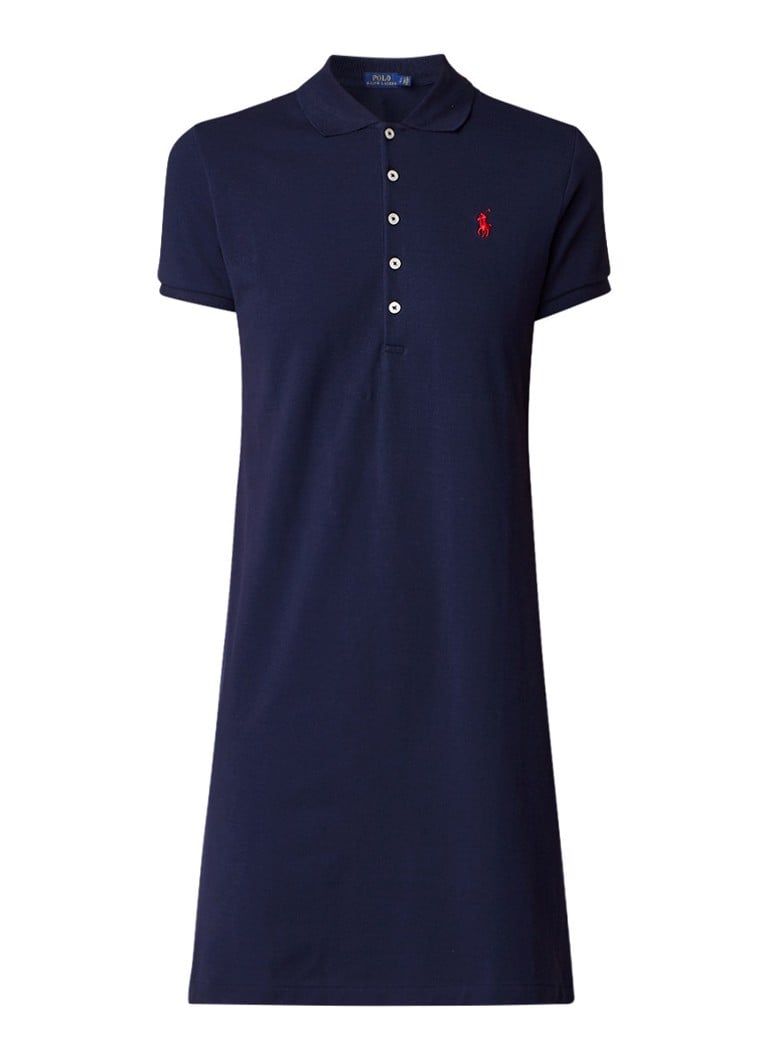 Ralph Lauren Midi-jurk van piqué katoen met polokraag donkerblauw