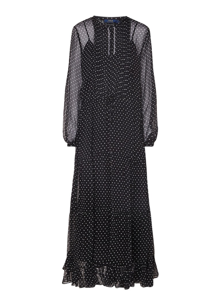Ralph Lauren Maxi-jurk met tunnelkoord en stippendessin zwart
