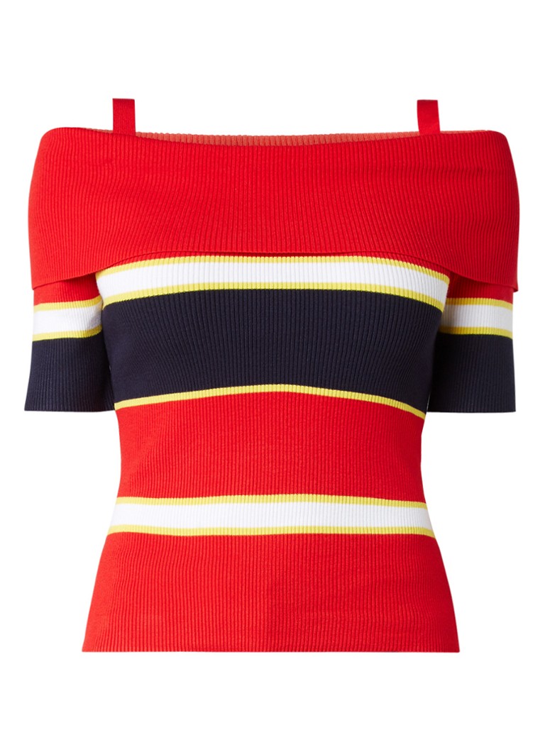 Claudia StrÃ¤ter Ribgebreide off shoulder trui met streepdessin roze