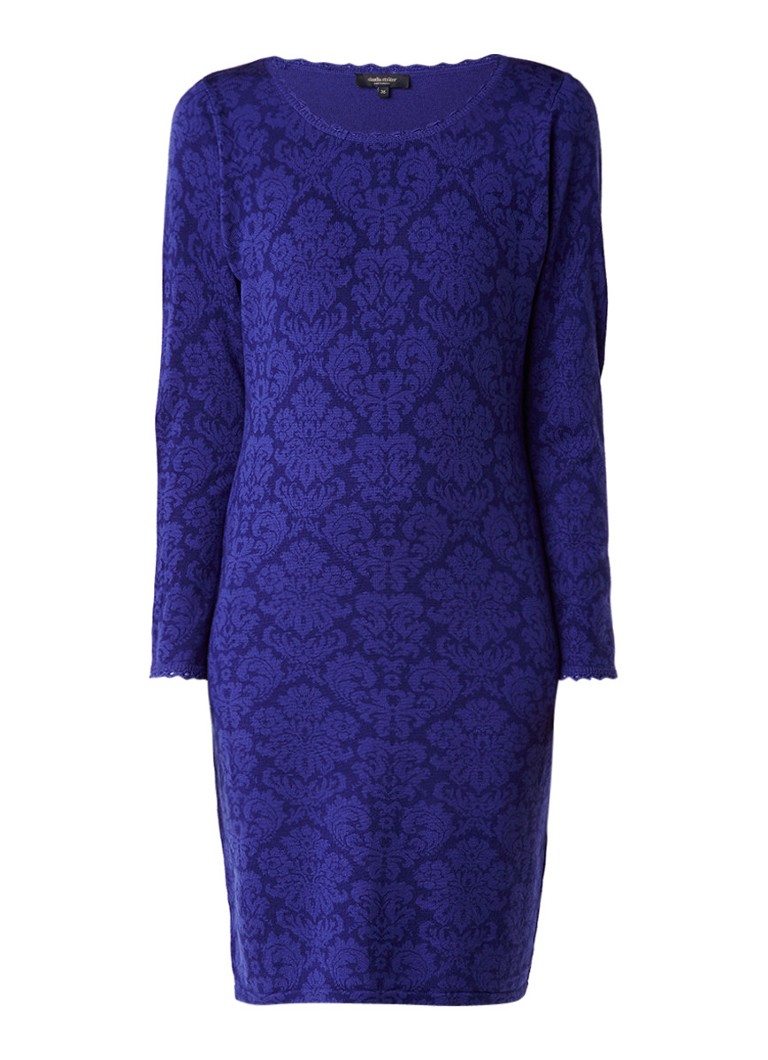 Claudia StrÃ¤ter Gebreide midi-jurk van merinowol met gehaakte boorden en dessin kobaltblauw