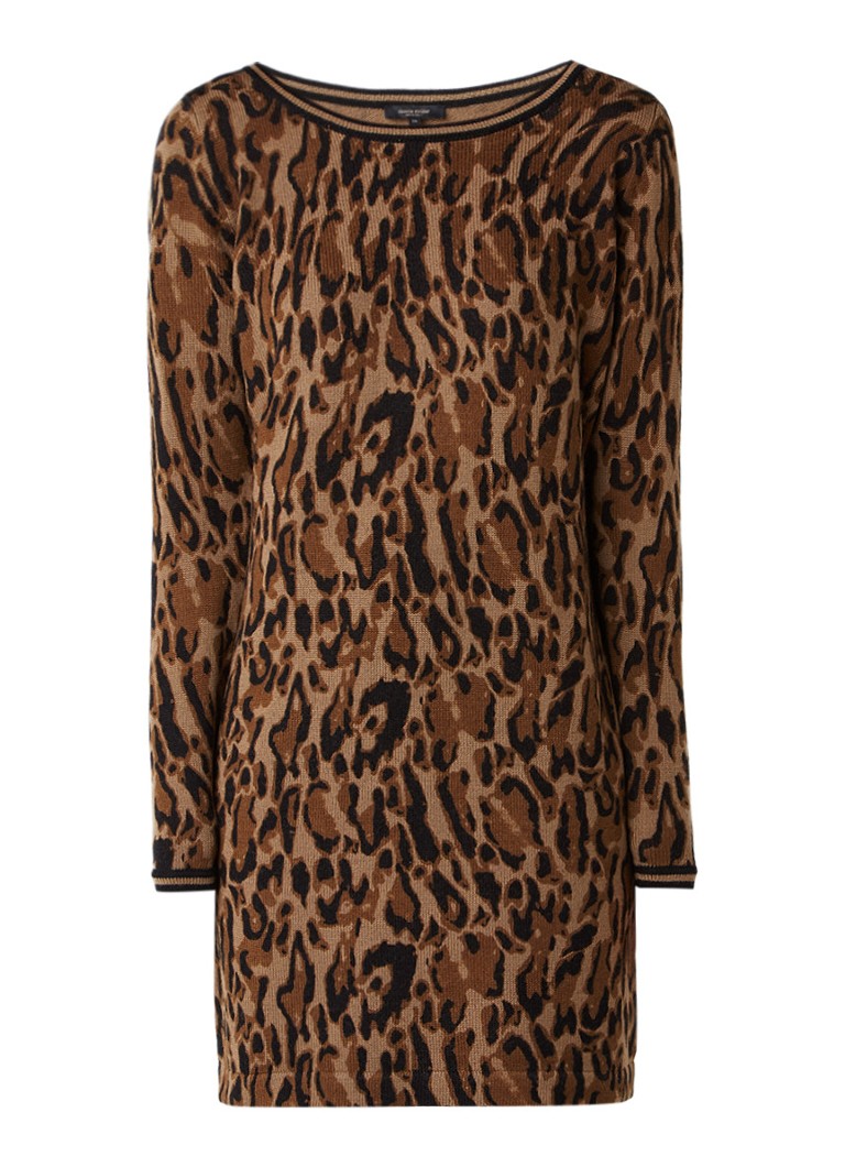 Claudia StrÃ¤ter Fijngebreide midi-jurk van merinowol met luipaarddessin camel