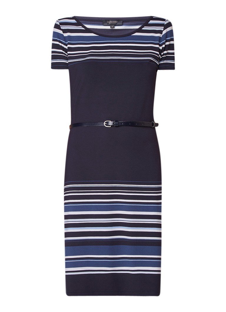 Claudia Sträter Midi-jurk van jersey met streepdessin en ceintuur donkerblauw