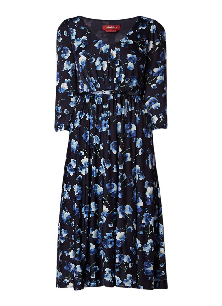 MaxMara Zigrino A-lijn jurk met ceintuur en bloemendessin donkerblauw