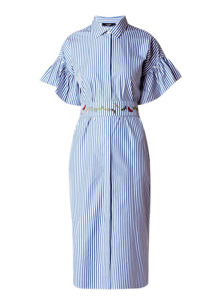 MaxMara Orfeo gestreepte midi blousejurk met ceintuur en klokmouw blauw