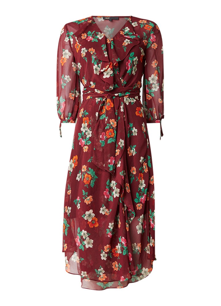 Maje Reselia midi-jurk met onderjurk en bloemendessin bordeauxrood