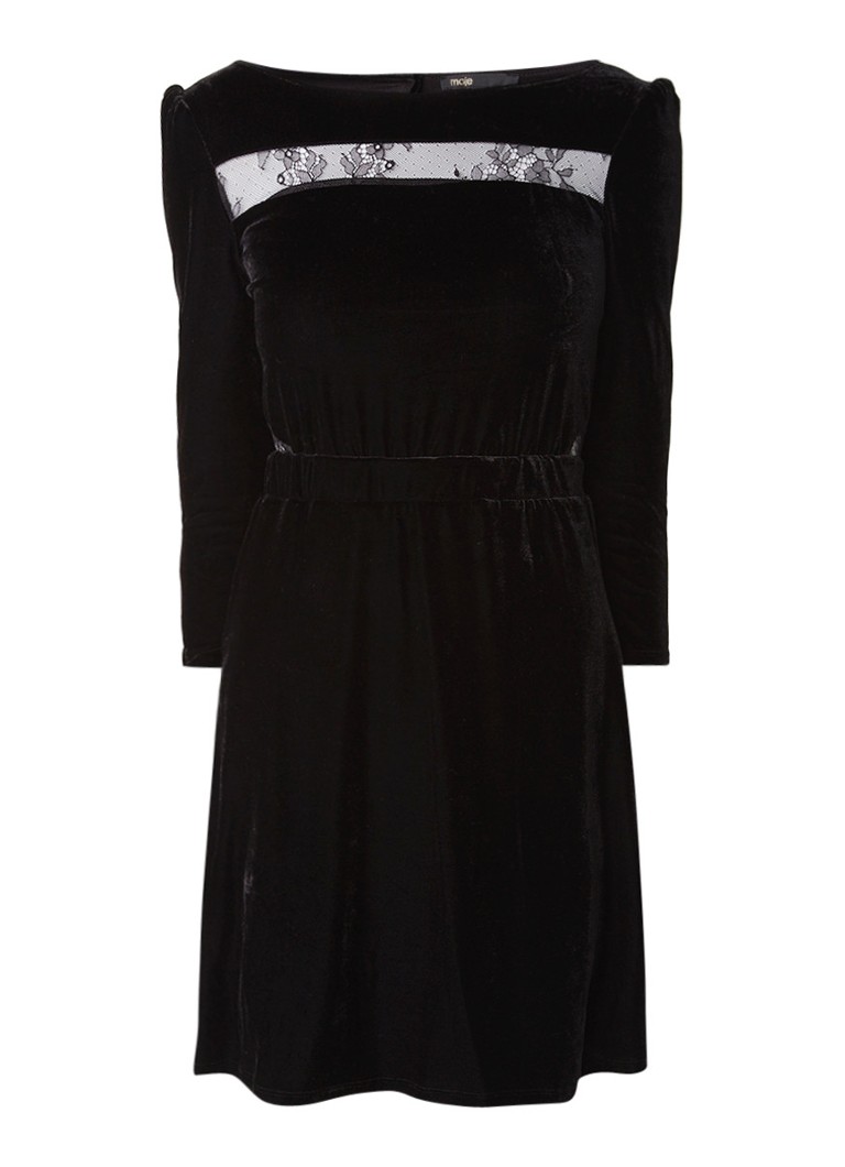 Maje Remano A-lijn jurk van fluweel met inzet van kant zwart