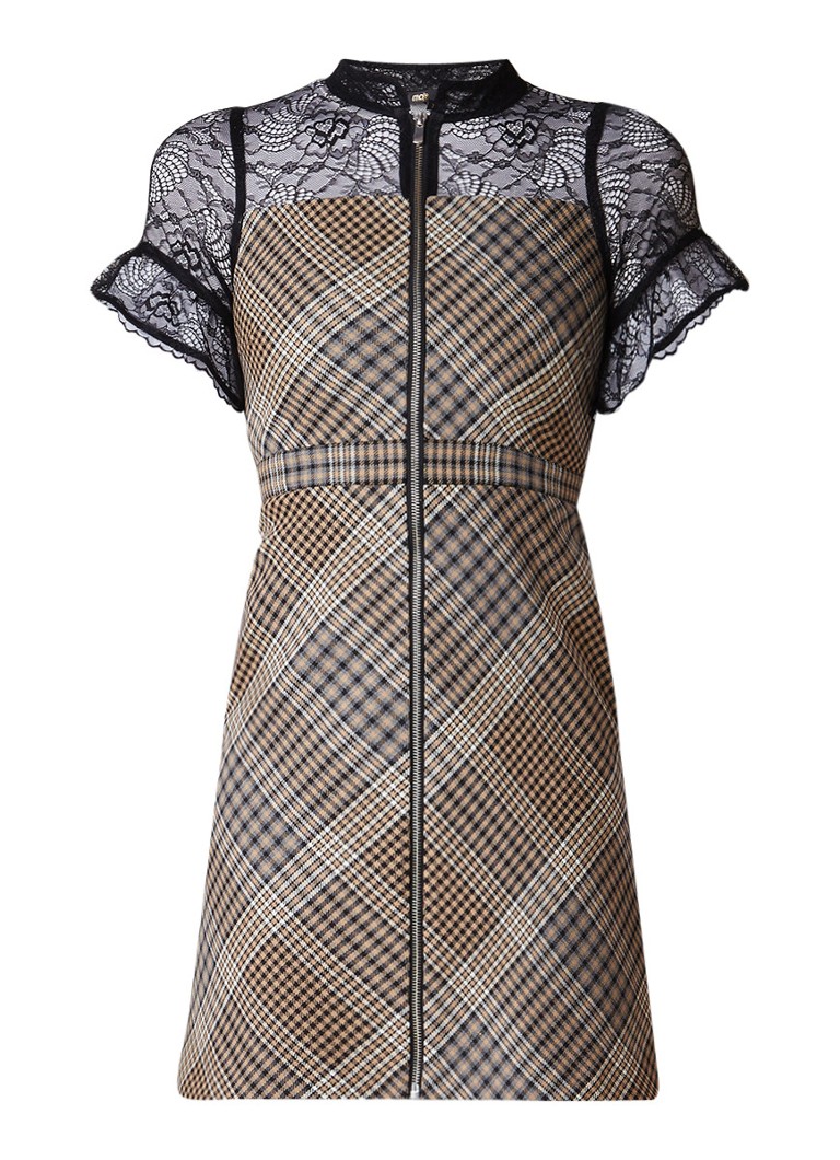 Maje Rhodin mini-jurk met inzet van kant en ruitdessin bruin