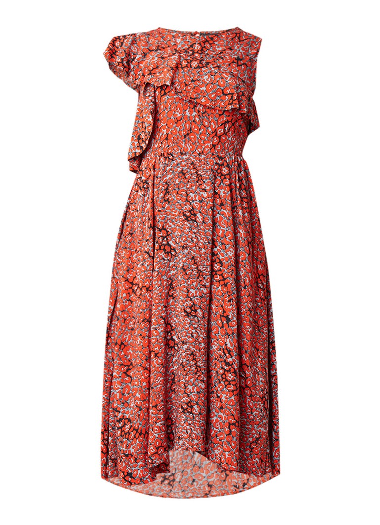 Maje Rivele midi-jurk met volant en luidpaardprint steenrood