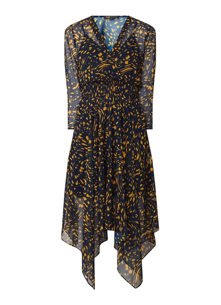 Maje Rayem midi-jurk met gesmockt detail en dessin donkerblauw