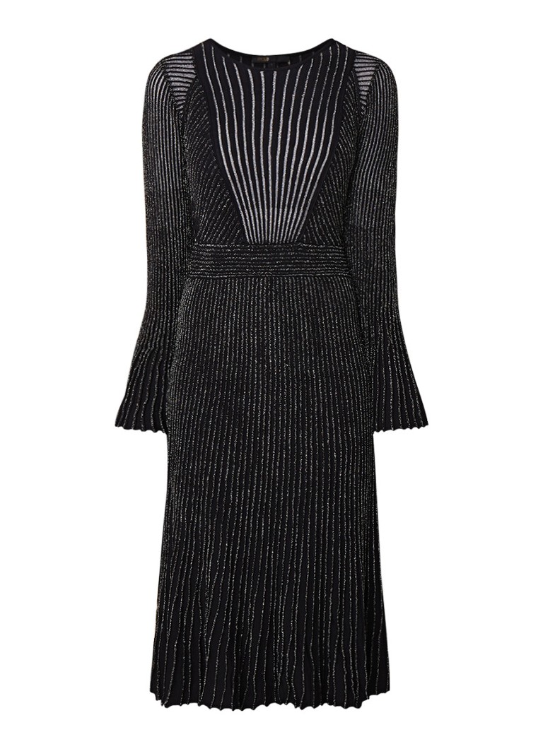 Maje Ribgebreide midi-jurk met lurex en trompetmouw zwart