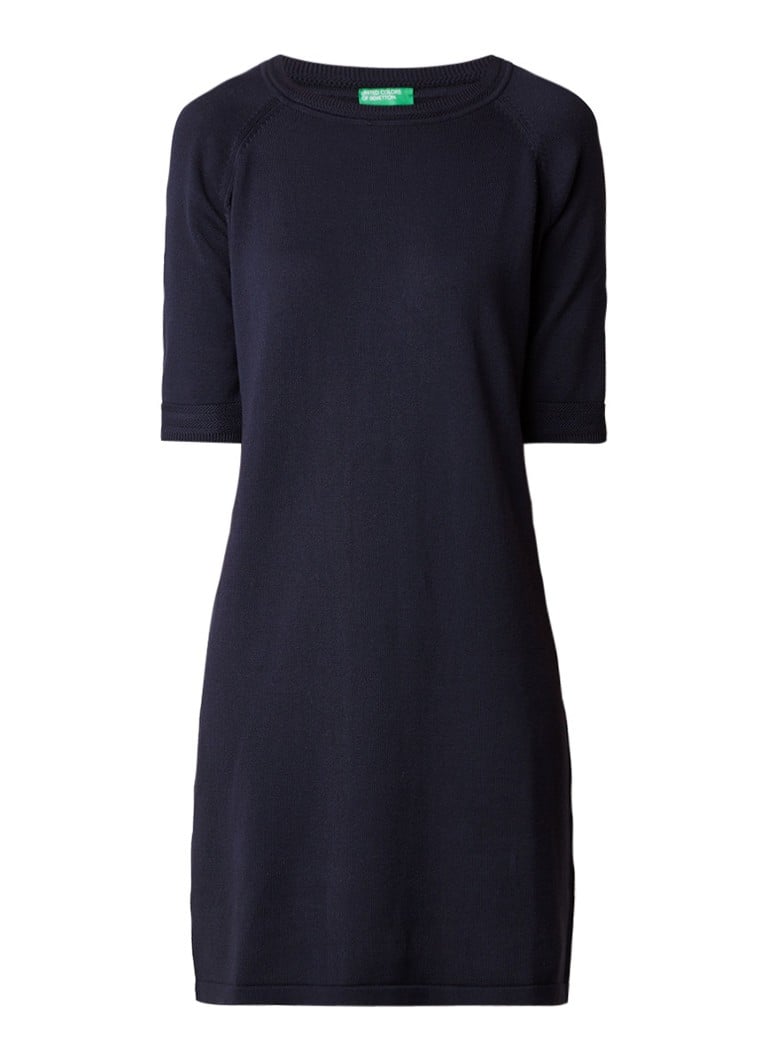 Benetton Fijngebreide midi-jurk met halflange mouw donkerblauw