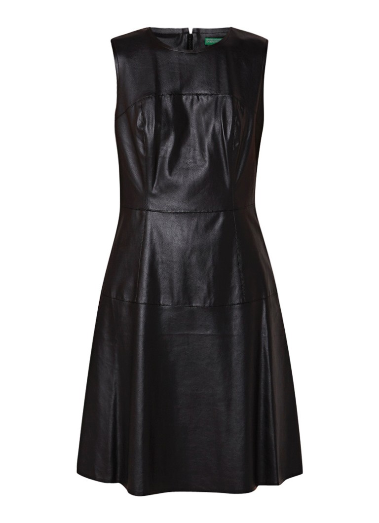 Benetton Mouwloze A-lijn midi-jurk van imitatieleer zwart