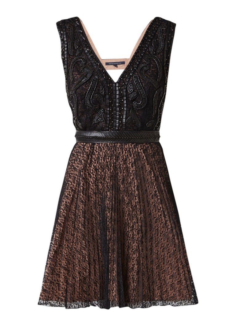 French Connection Florence A-lijn jurk van kant met detail van imitatieleer zwart