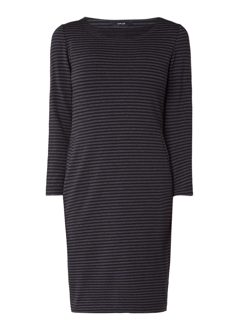 Opus Weda jersey jurk met streepdessin en steekzakken antraciet