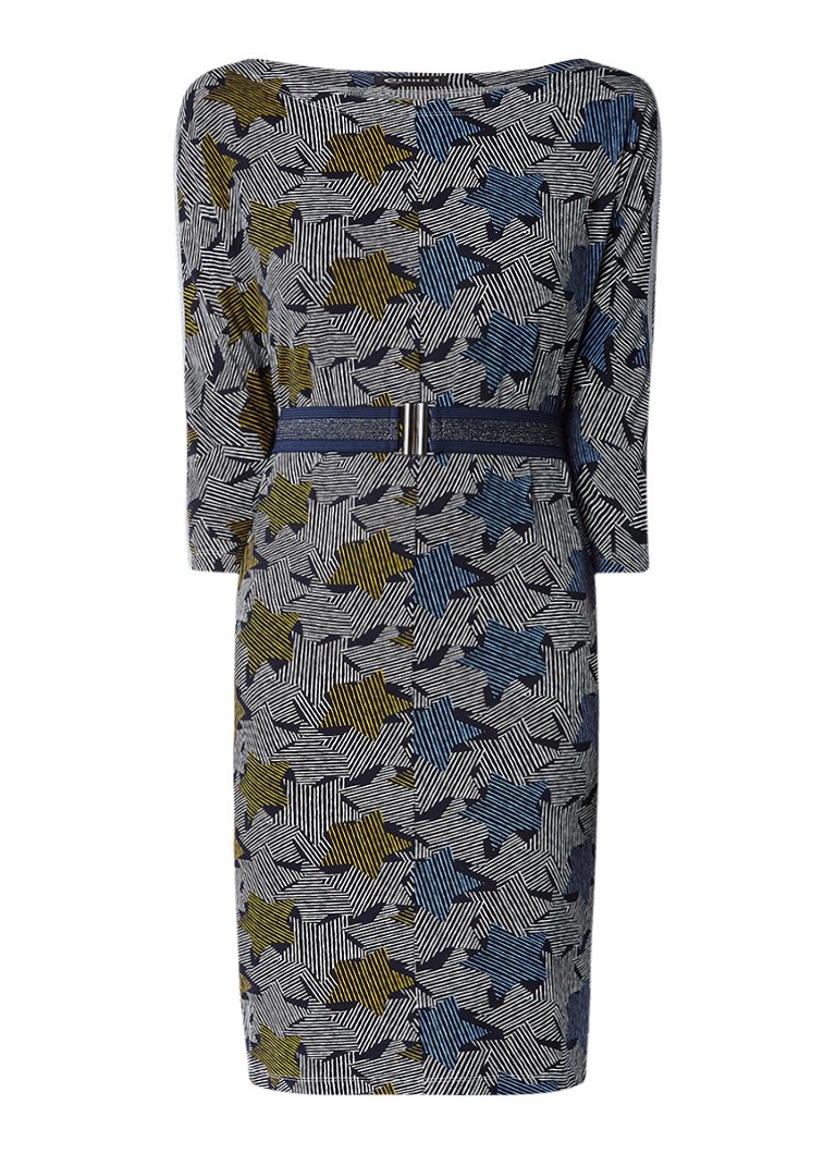 Expresso Klara jersey jurk met dessin en ceintuur donkerblauw