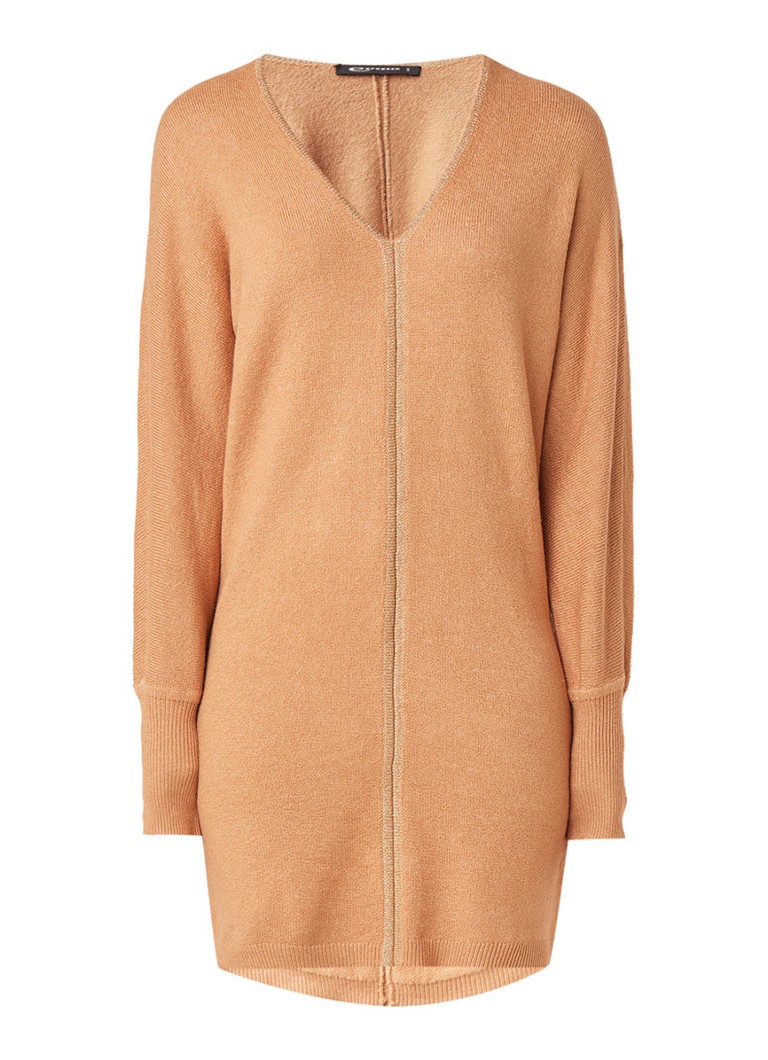 Expresso Marny fijngebreide midi-jurk in katoenblend met lurex donkerbeige