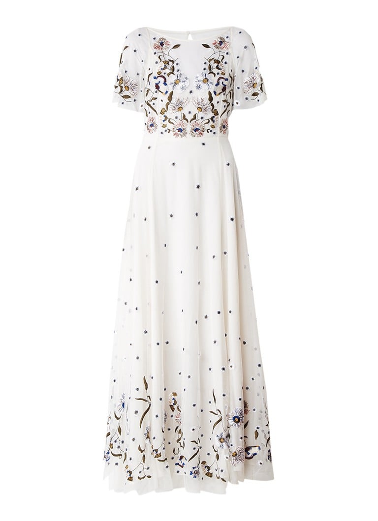 French Connection Lucille maxi-jurk van mesh met bloemborduring gebroken wit