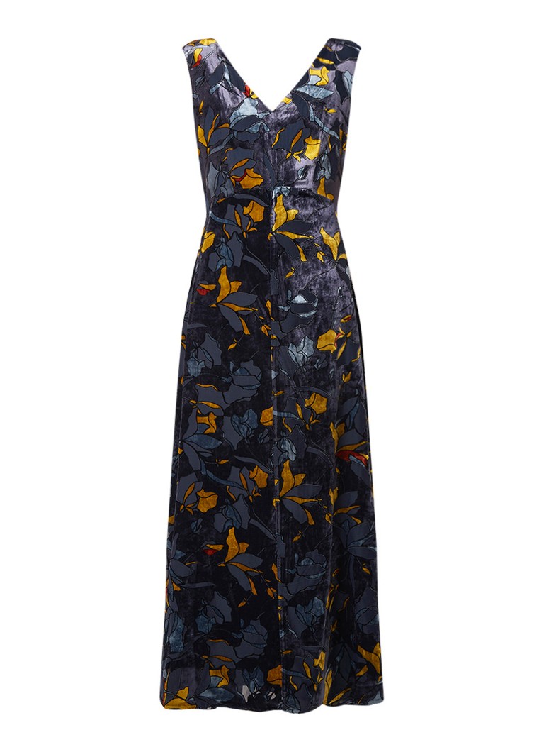French Connection Aventine maxi-jurk van fluweel met bloemendessin donkerblauw