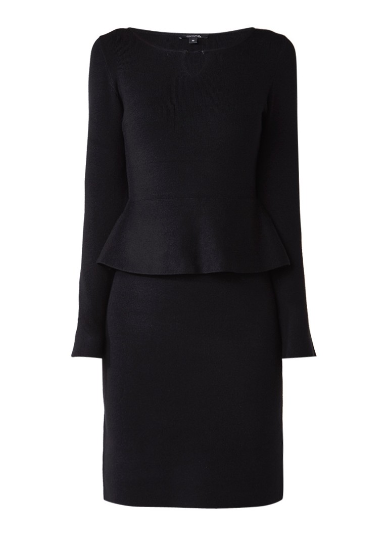 Comma Fijngebreide midi-jurk met peplum zwart