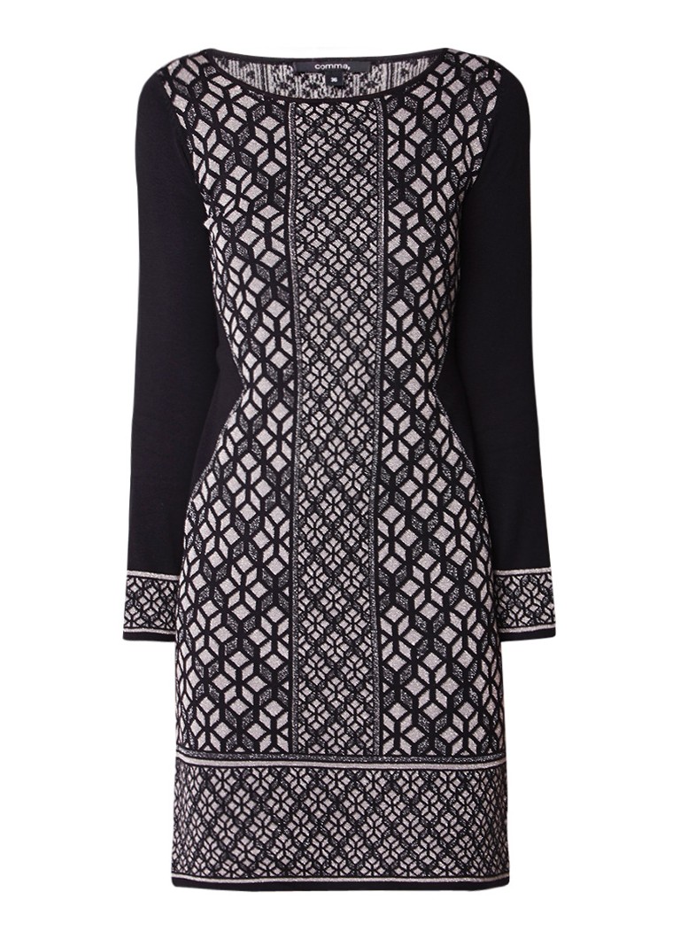 Comma Fijngebreide jurk met geometrisch dessin en lurex zwart