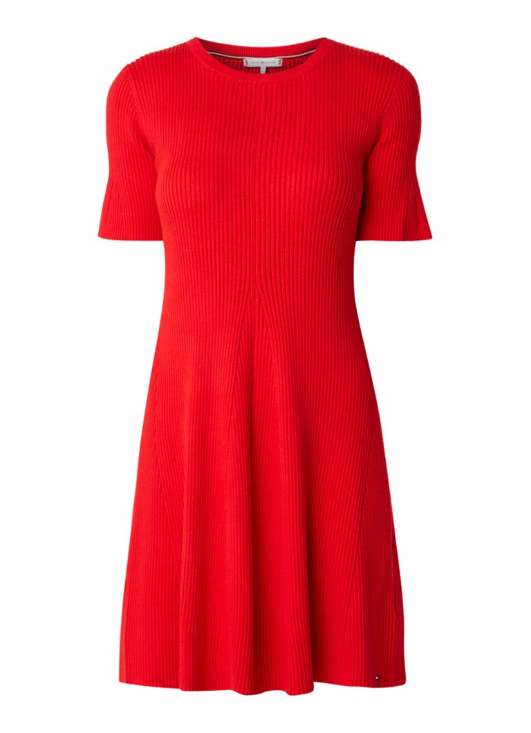 Tommy Hilfiger Sane ribgebreide A-lijn jurk met klokmouw rood