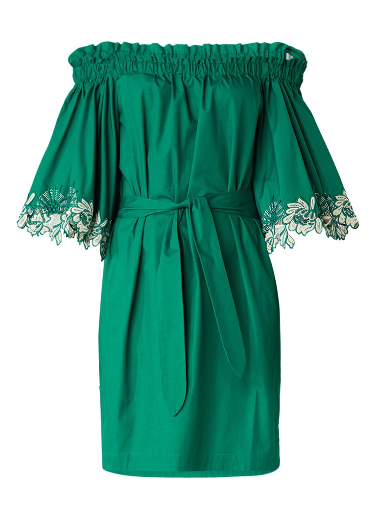 Sandro Off shoulder jurk met flared mouw van kant groen