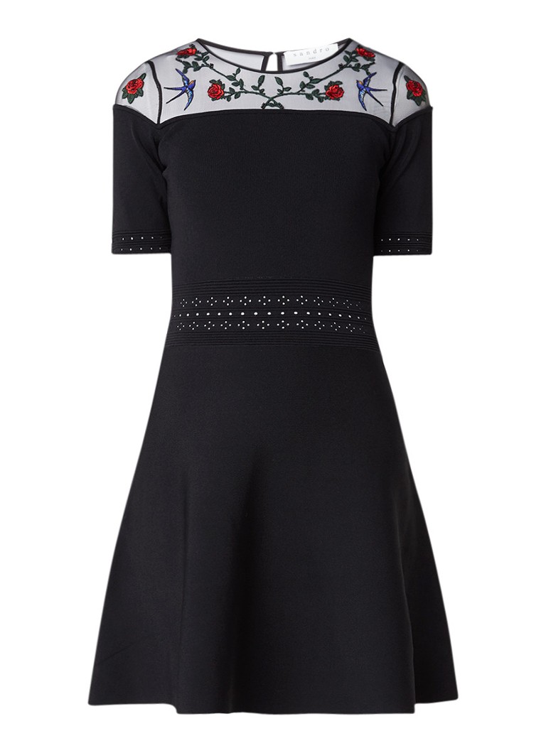 Sandro Semi-transparante A-lijn jurk met inzet van mesh en bloemborduring zwart