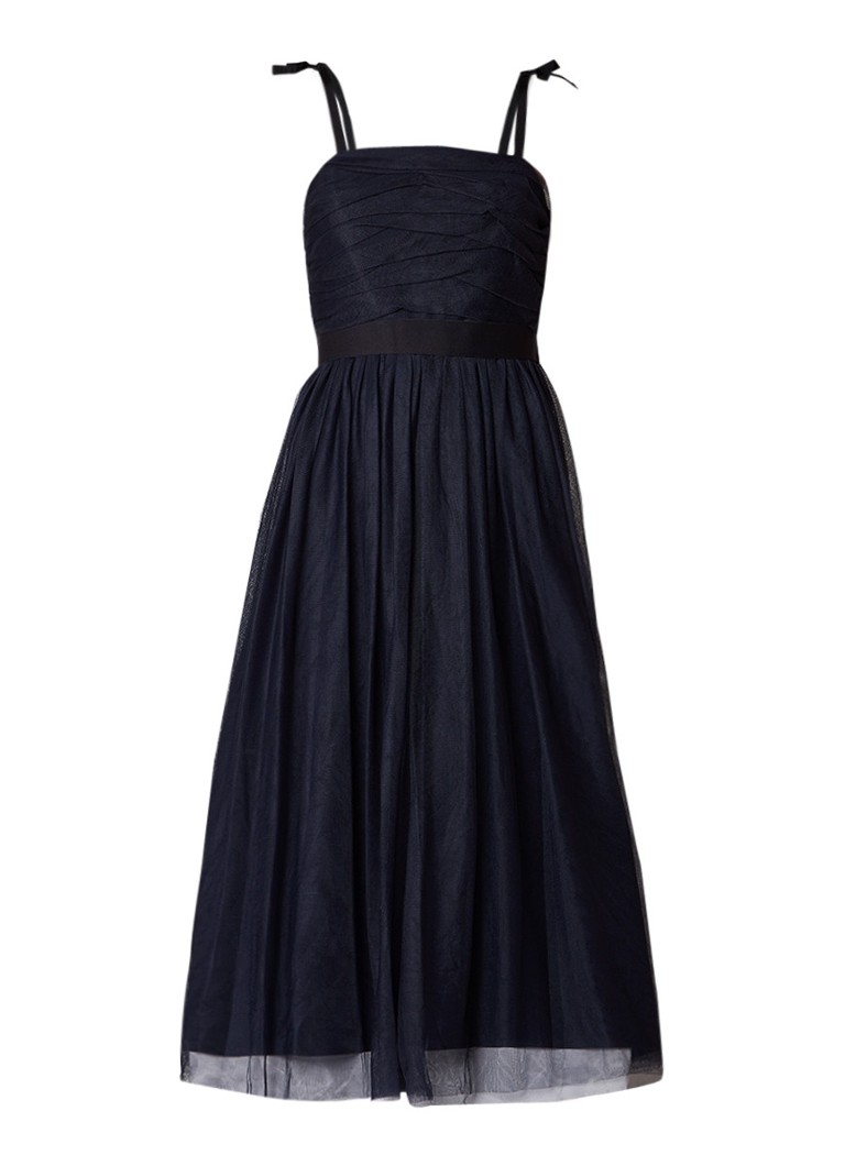 Sandro A-lijn jurk met tule en contrasterende tailleband donkerblauw