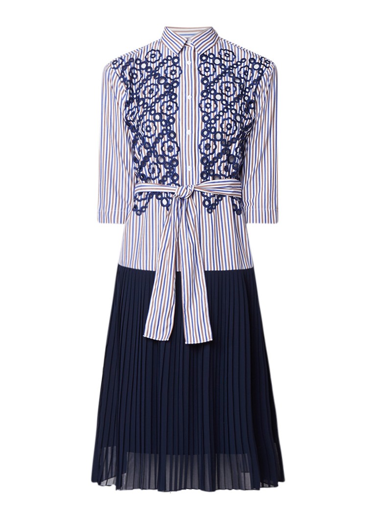 Sandro Gestreepte blousejurk met broderie en plissé donkerblauw