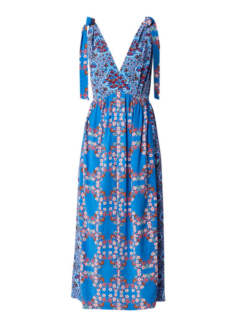 Sandro Maxi-jurk in bloemendessin met split en onderjurk turquoise