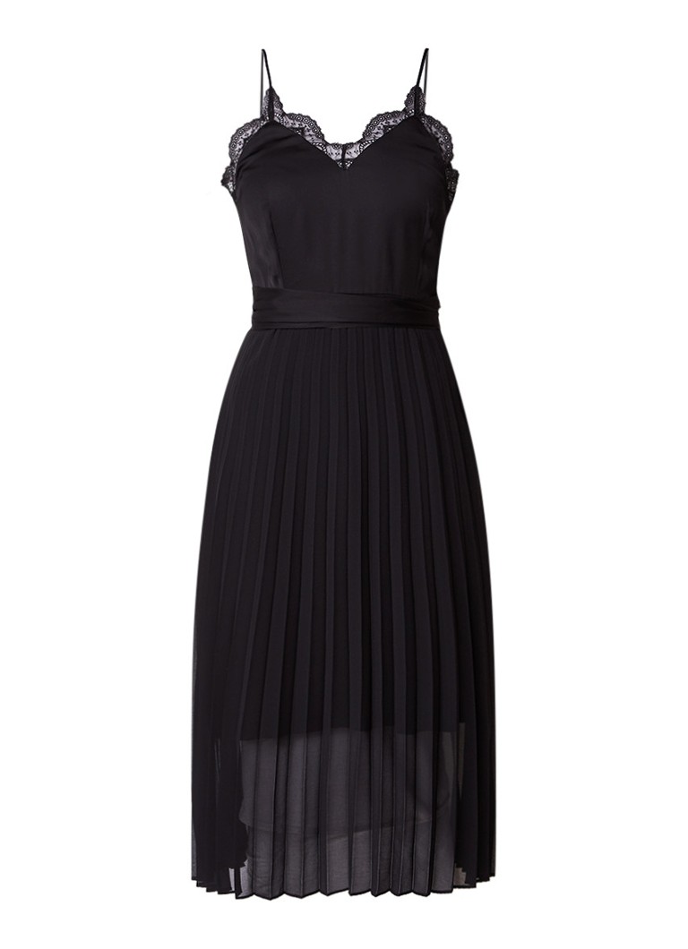 Sandro Geplisseerde jurk met strikceintuur en kantdetail zwart