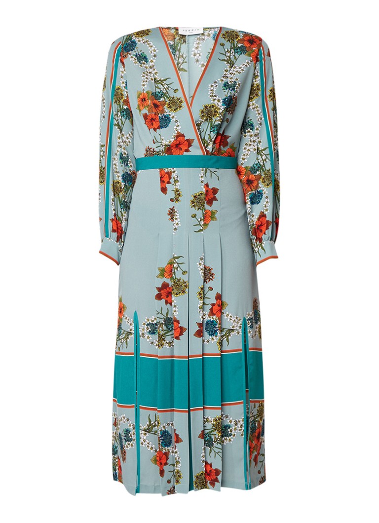 Sandro Maxi-jurk met bloemendessin en plissé lichtblauw