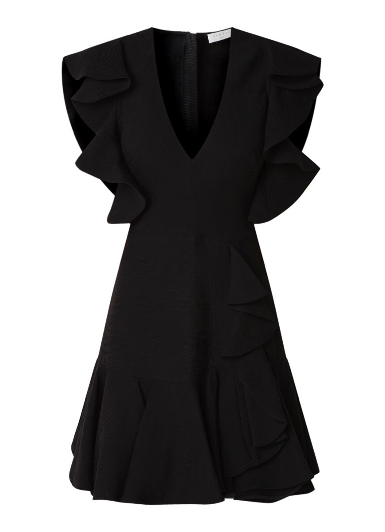 Sandro Mini A-lijn jurk met volant en V-hals zwart