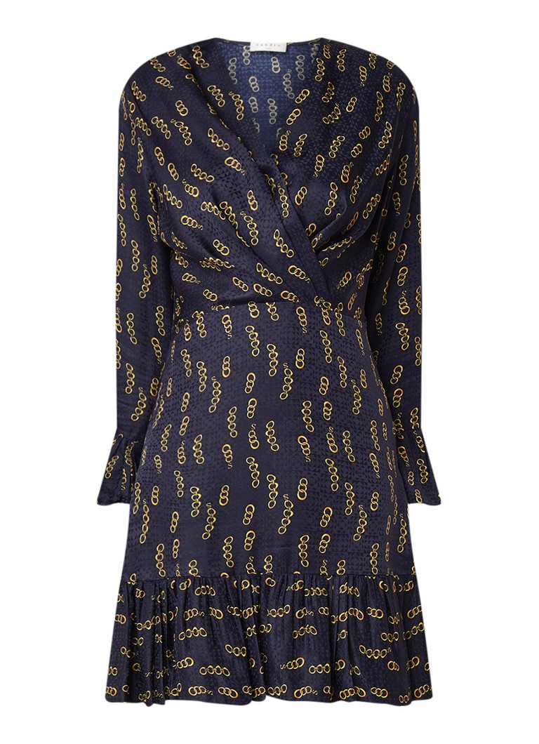 Sandro Mini-jurk in zijdeblend met dessin en volant donkerblauw