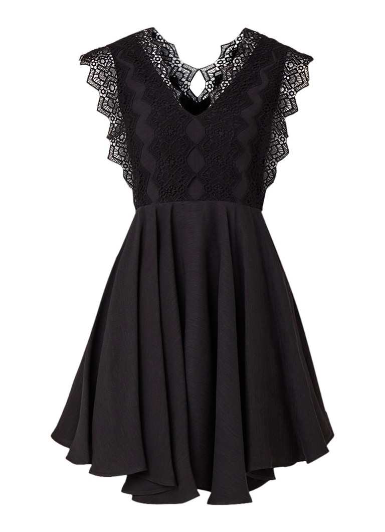 Sandro Mini-jurk met asymmetrische zoom en kant zwart