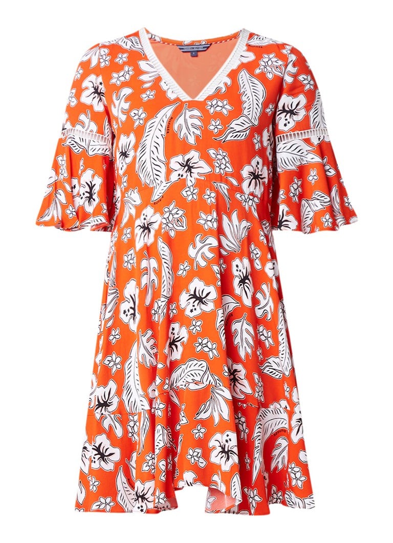 Tommy Hilfiger Peggy A-lijn jurk met volant en bloemendessin oranjerood