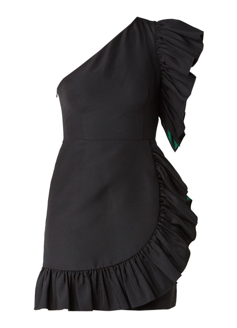Sandro One shoulder mini jurk met volant zwart