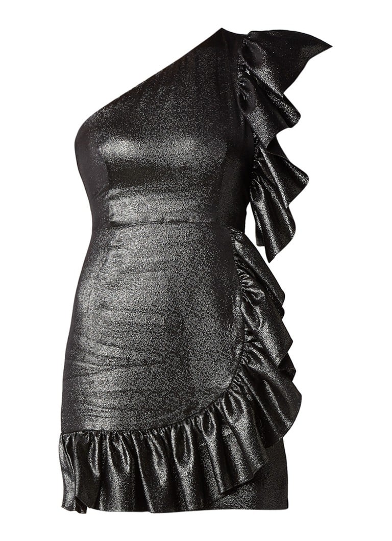 Sandro One shoulder mini-jurk met volant en lurex zwart